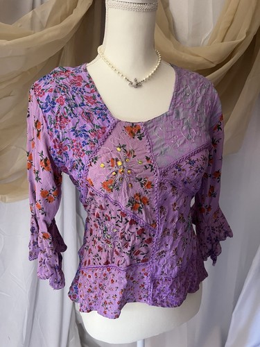 Purple Fairycore Patchwork Aesthetic Sparkly Sequins India Flared Sleeve SZ S/M - Picture 2 of 17