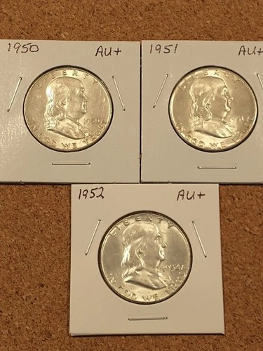 3 High Grade Franklin Half Dollars, 1950 AU+, 1951 AU++, 1952 AU+
