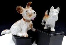JAPANESE PORCELAIN 2 PC BROWN AND WHITE SHAGGY SCOTTIE DOG 4 1/4" FIGURINES