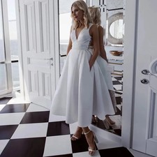 White Short Wedding Dress V-neck Vintage Tea-length Bridal Gowns Backless A Line