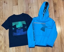 Lot of 2 Youth Boy Small Under Armour UA Short Sleeve T-Shirt and Hoodie Loose