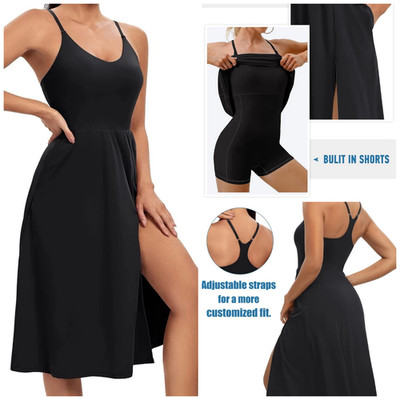 Ewedoos Tennis Dress XL Athletic Midi Black Built-In Shorts & Bra Straps New