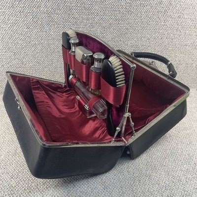 Edwardianischer Leder Vintage Kosmetikkoffer Chrombeschläge mit Schlüssel komplett