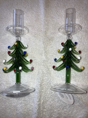 Alight Candles Delicate CHRISTMAS Tree GLASS Tapered Candle Holders 8''  NEW!