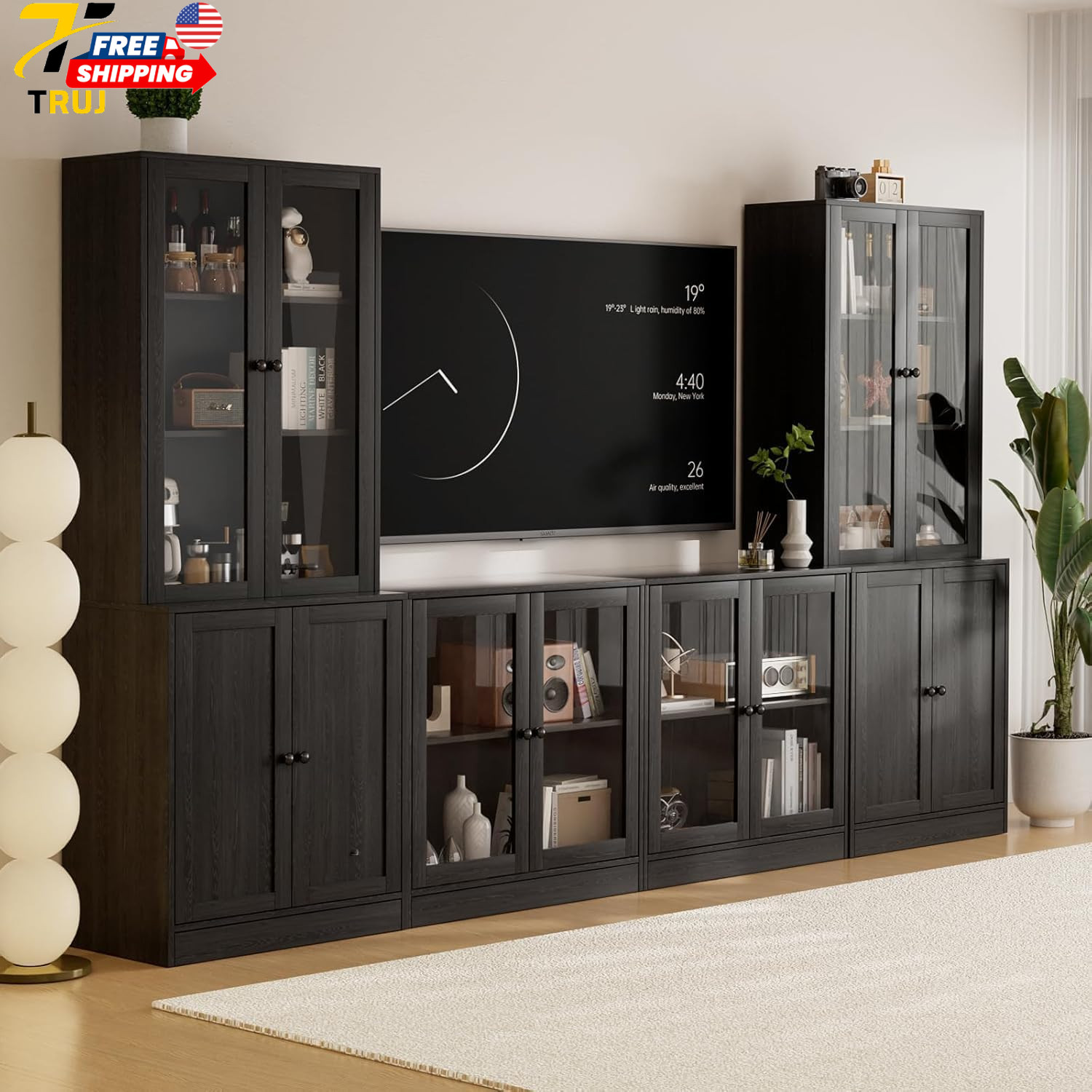 Storage Set 2 Tall Bookcases & 2 Side Cabinets Media Console With