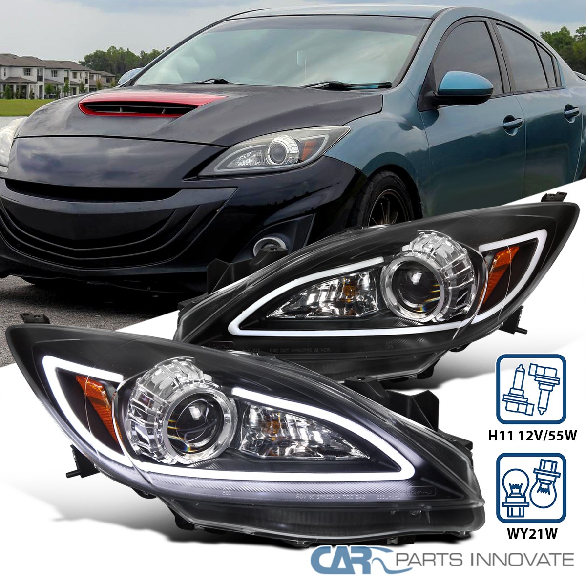10-13 Mazda 3 Halogen Black Projector Headlights w/ LED DRL Strip