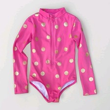 Mini Boden Girl Long 5-6 Yr 116 cm Sleeve Zip-Front Swimsuit Pink Gold PolkaDot
