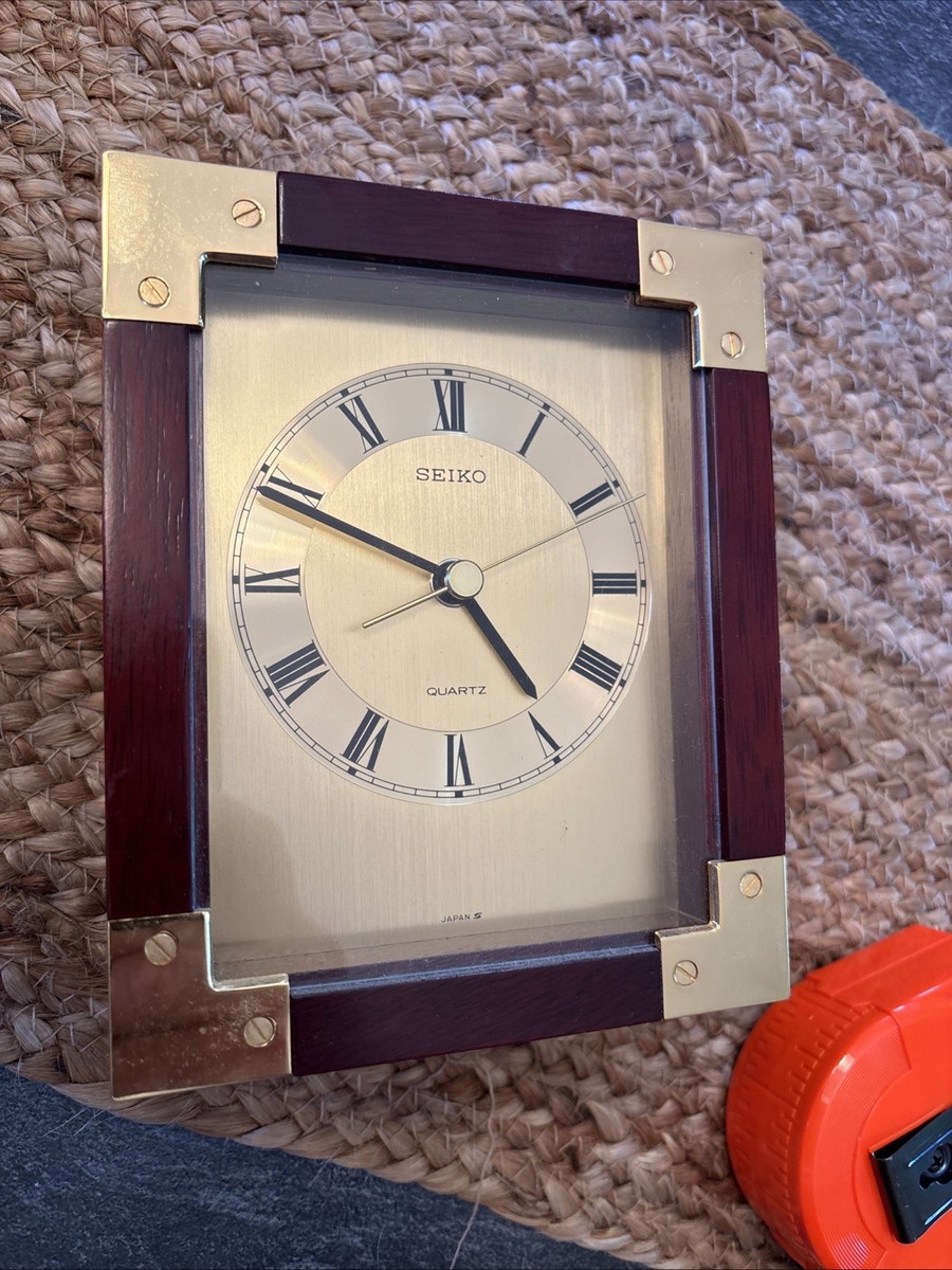 Vintage 1980s Seiko Two Tone Brass And Wood QW104B Clock Desk