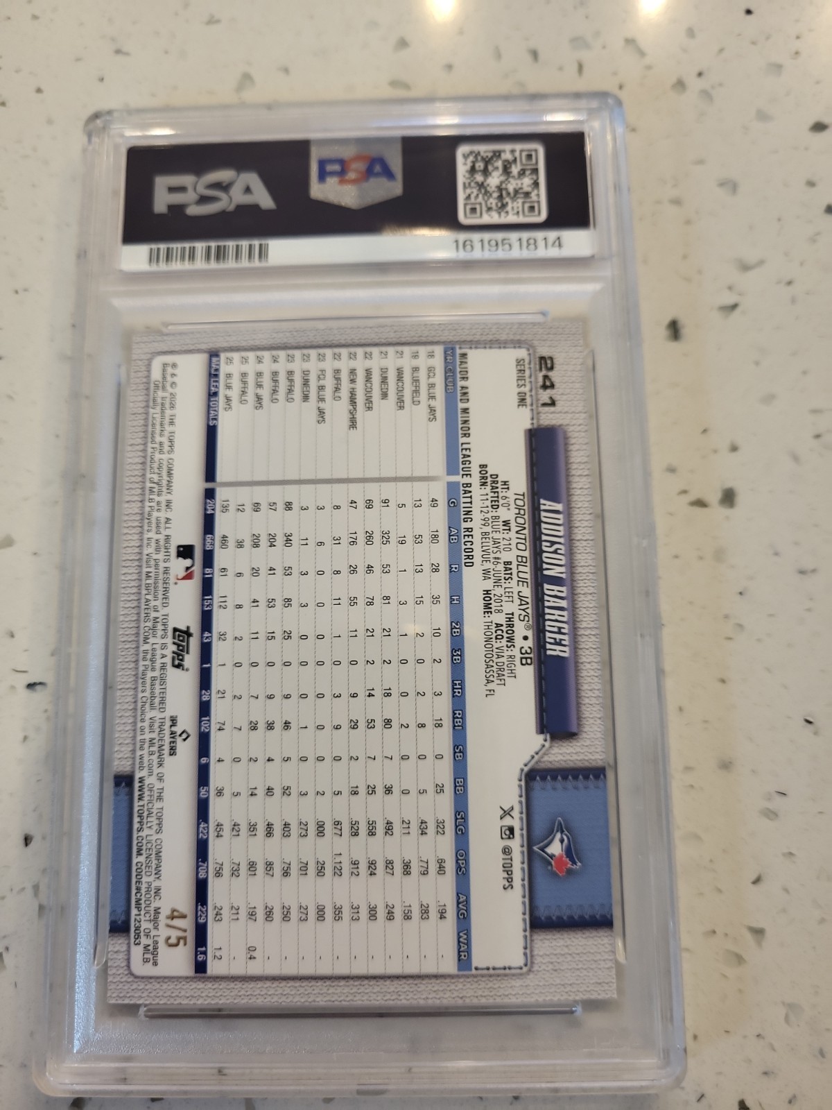2026 TOPPS ADDISON BARGER  RED DIAMANTE PSA 9 #241 BLUEJAYS Numbered 4/5 view 5