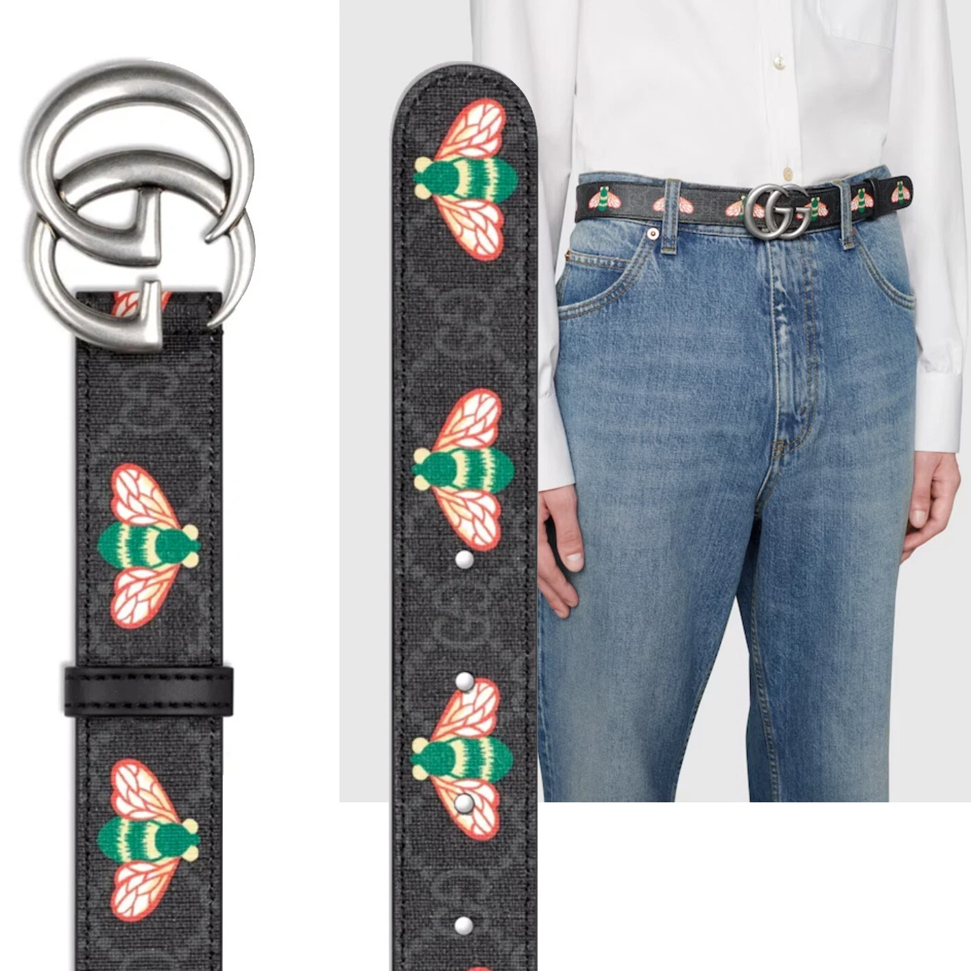 GUCCI BELT 414516 GG MARMONT FINE avec abeilles NOIR GG SUPREME UNISEXE taille 90 36