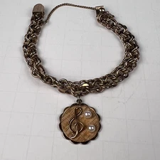 Vtg Kaco Signed 20g,12K Gold GF Bracelet Band Sweetheart Treble Clef 2 Pearls
