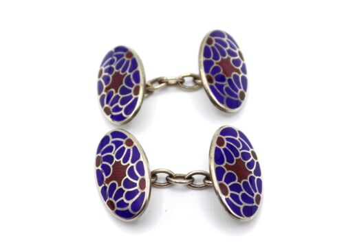 VINTAGE STERLING SILVER ENAMEL GUILLOCHE ENGLAND H & V HEWETT & VOLLER CUFFLINKS - Picture 5 of 9