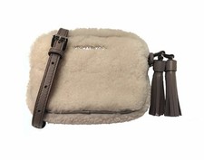 NEW MICHAEL KORS JET SET NATURAL SHEARLING FUR+GRAY LEATHER,TASSEL,CROSSBODY 