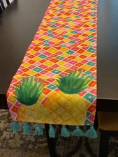 70 Inch Table Runner Multi Color With Pineapples and Tassels 