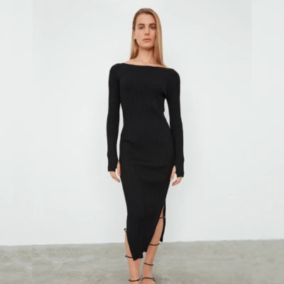Toteme Orville Black Long Sleeve Ribbed Knit Boat Neck Midi Dress Size Medium