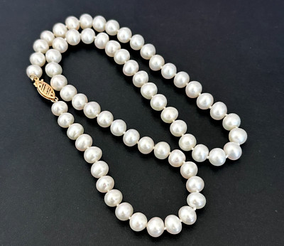 14K Gelbgold echte 7mm Creme Perlen handgeknüpft Strang Halskette 18''