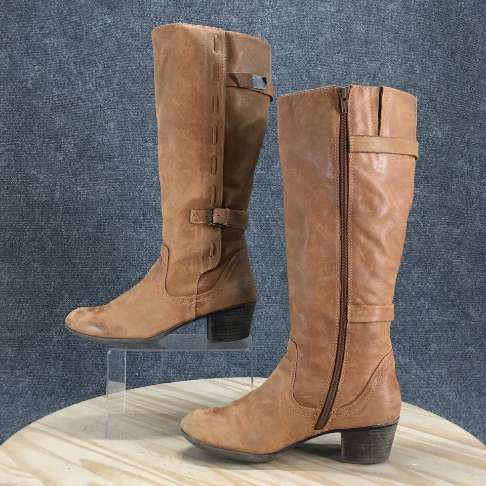 Merona Boots Womens 8 Tall Riding Brown Leather Side Zip Buckled Block Heels - Image 2 of 4