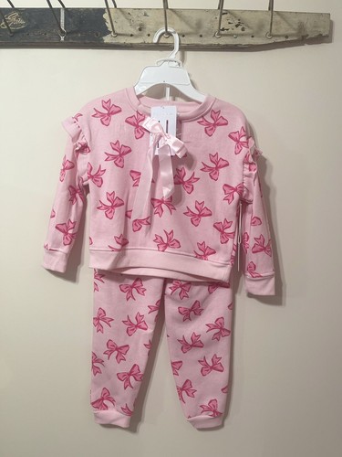 Girls Pink Bows Outfit Pants Joggers Sweatshirt Hair Bow Sweatsuit Shirt Set 6
