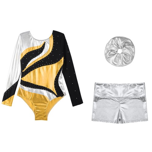 Kids Girls Outfit Metallic Set Rhinestones Dancewear Shiny Round Neckline Dance - Picture 17 of 53