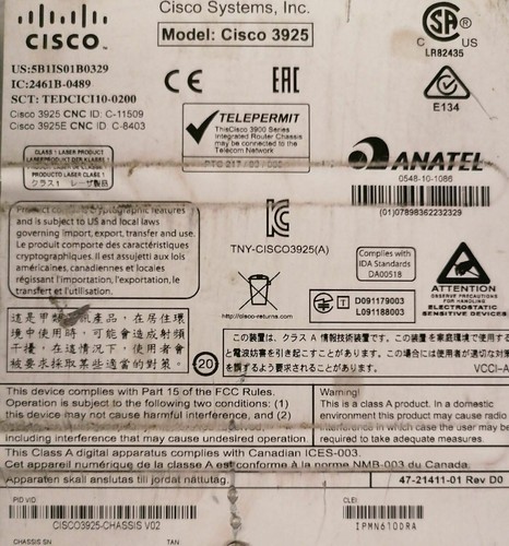 Cisco Router 3925 C39000-SPE200/K9 Tested With Power Cable - Picture 2 of 2