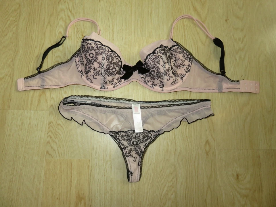 JLo на косточках с подкладкой бюстгальтер комплект 34C средний стринги трусики розовый сетки черная вышивка - Изображение 2 из 3