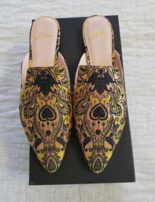 NEW WOMENS J CREW POINTED TOE SLIDES IN BROCADE MARIGOLD BLACK 
