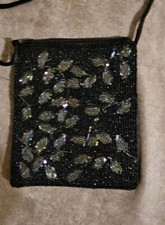Beautiful Vintage Black Silk And Sequin Crossover Evening Purse