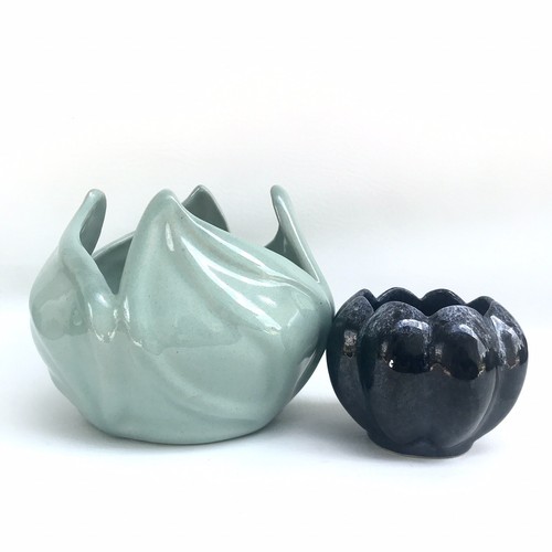 Vintage 2 Van Briggle Lotus Petal Bowl GLOSSY CELADON & Black Scalloped Melon