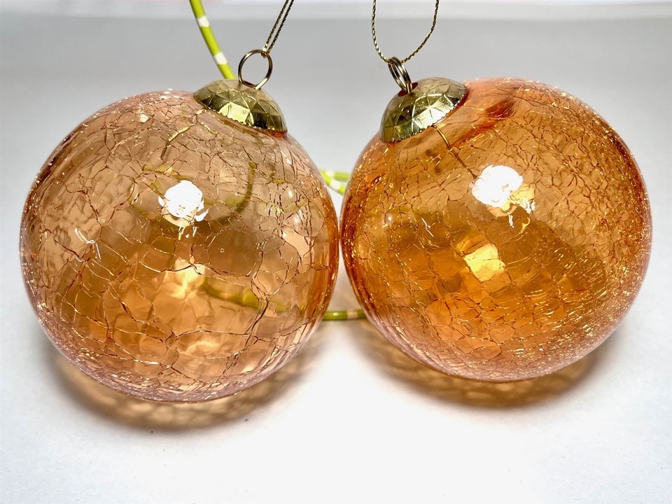 TRIMSETTER DILLARDS "2 CRACKLE GLASS ORANGE BALL ORNAMENTS" NEW * FREE