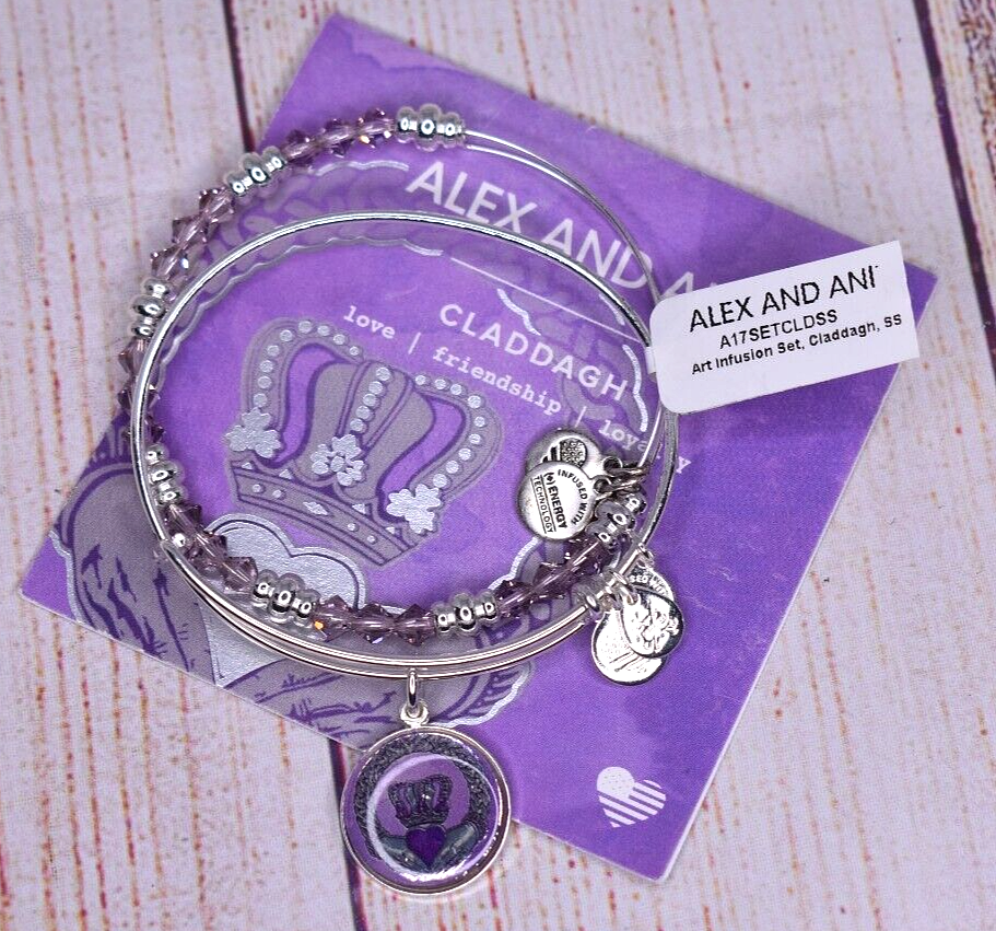 NEW Alex and Ani Art Infusion Set Claddagh Purple Shiny Silver