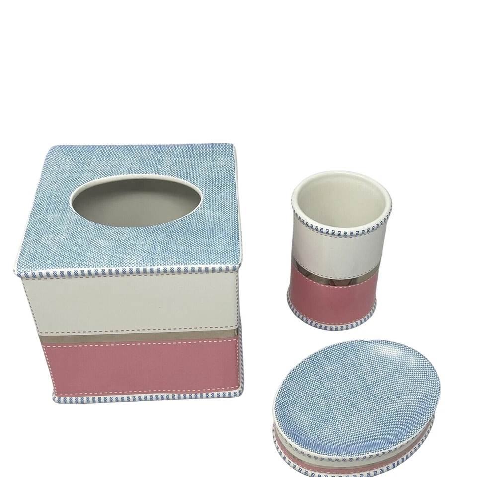 Juego de baño Tommy Hilfiger cubierta de pañuelos jabonera taza 2006 rosa azul plata Foto 2 de 4