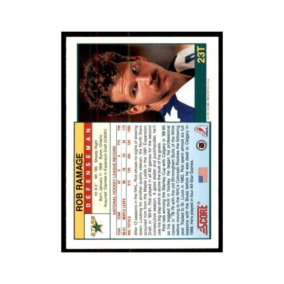 1991 Score Rookie and Traded Rob Ramage Minnesota North Stars #23T - Image 2 of 3