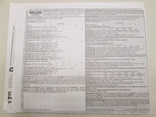 McCalls 6298 Childrens Animal Aprons Pattern Bunny Dog Frog Cat Bib Style UC FF - Picture 2 of 2