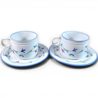 Savoir Vivre Portofino Blue Tea Cup Mug and Saucer Set of 2 White Floral Vintage