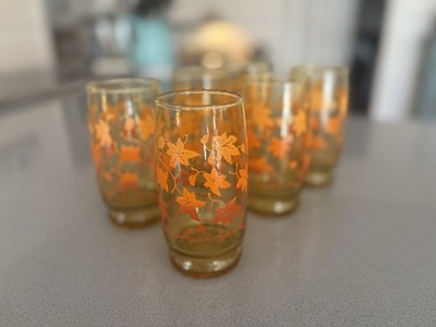 6 Vintage 1970s Amber Orange Leaf Libbey Tumblers