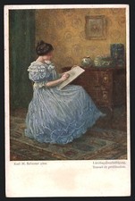 Cartolina artistica Karl Maria Schuster: attività preferita, signorina nel disegno 