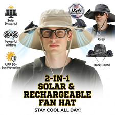 Solar Powered Dual Fan Wide Brim Sun Hat UV Protection Bucket Cap Rechargeable