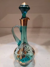 Vintage Romanian Blue Glass Decanter Gold Floral MCM Antique Genie Bottle EUC 
