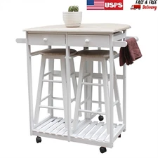 3PCS Pine Wood Dining Table Set Kitchen Island Trolley Cart W/ 2 Stools Set US