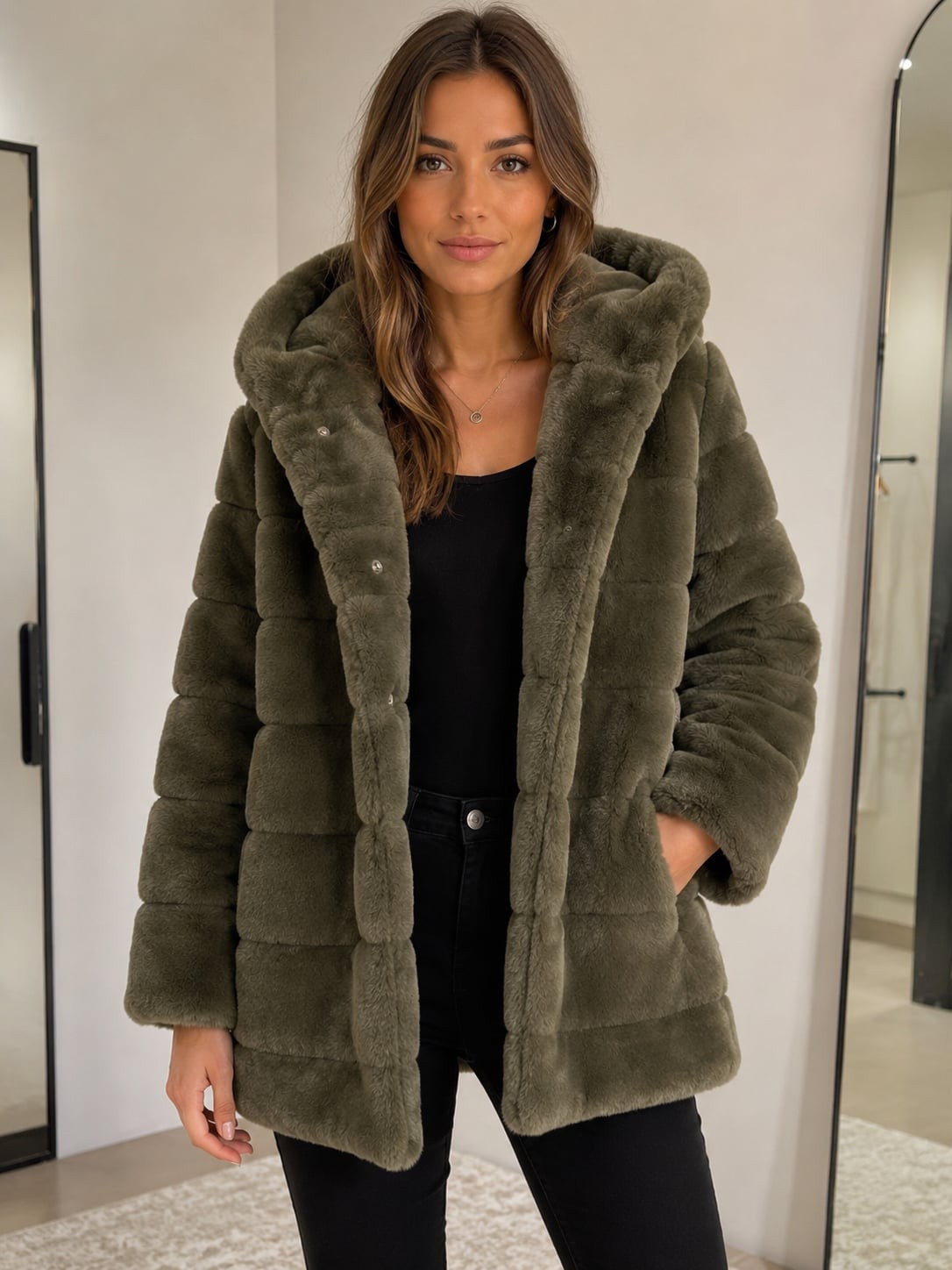Apparis Goldie Hooded Faux Fur Jacket in Army Green