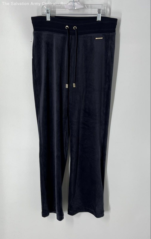 Halston Womens Navy Blue Flat Front Velour Ribbed Sweatpants Size Small