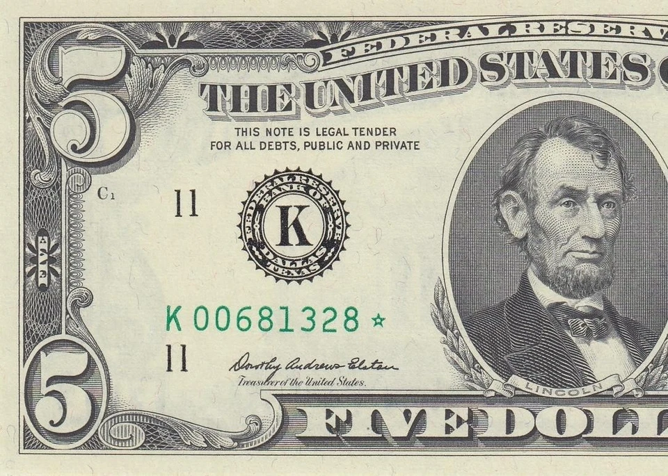 1969 FEDERAL RESERVE NOTE "DALLAS" $5 **STAR NOTE** (( GEM UNC )) - Image 2 of 4