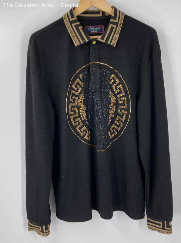 Azaro Uomo Mens Black Tan Venetian Greek Long Sleeve Polo Shirt Size 3XL