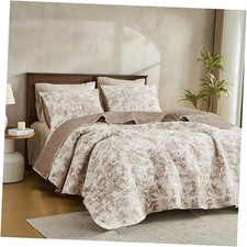 Floral Cotton Quilt Size Stitch Bedding Set, Taupe King Floral Taupe