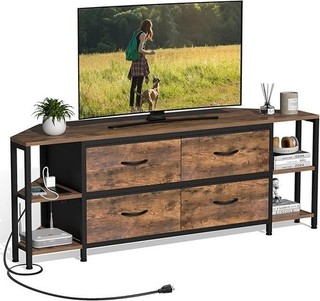 Corner TV Stand with 4 Drawers & Built‑in Power Outlet Industrial Floor Mount