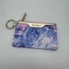 Lilly Pulitzer Pink Gold & Blue Zip Card Case Keychain Coin Pouch Wallet