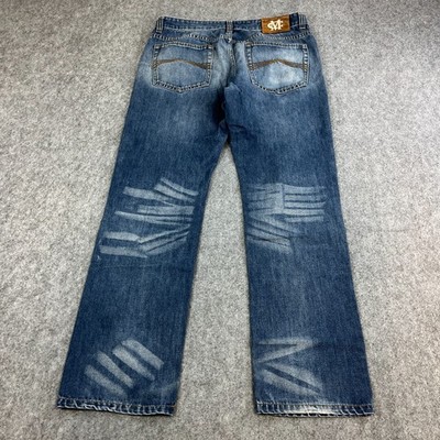 Marlboro Classics Mens Jeans Baggy Straight 36 32 Blue Whiskers Honeycombing VTG