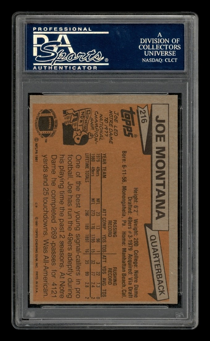 1981 Topps Set-Break #216 Joe Montana PSA 9 MINT (OC) view 2