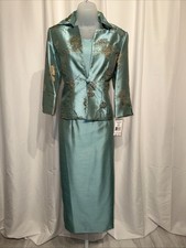 Jessica Howard Pale Teal Maxi Sheathe 2 Piece Dress  Print Jacket Sz 6P