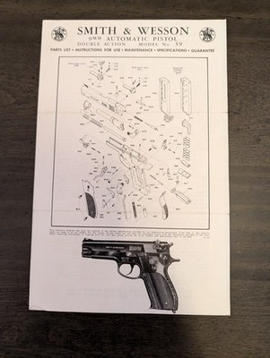 Smith & Wesson 1974 9mm Double Action Model 39 Owners Manual Original